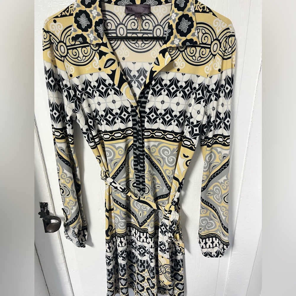 Hale Bob Belted Long Sleeve stretch Jersey button front dress size small - Picture 2 of 8